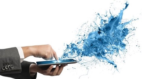 A business professional´s index finger touches a smartphone display and releases a blue splash mix of water and electricity.
