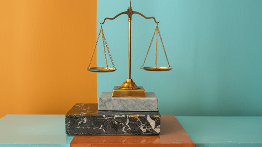 A balanced scale on top of two blocks of marble