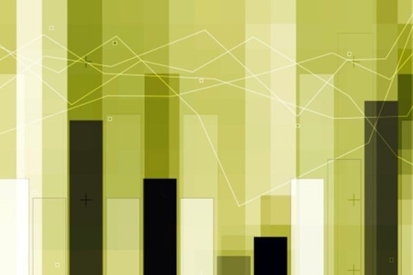 An abstract of charts in various shades of green, black, and white with overlapping lines and graphs