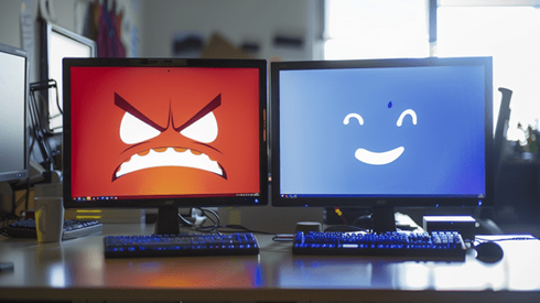 A computer monitor with an angry digital face on the left and a computer monitor with a happy digital facee on the right