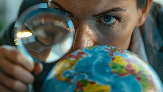Businesswoman using a magnifying glass to look at a globe