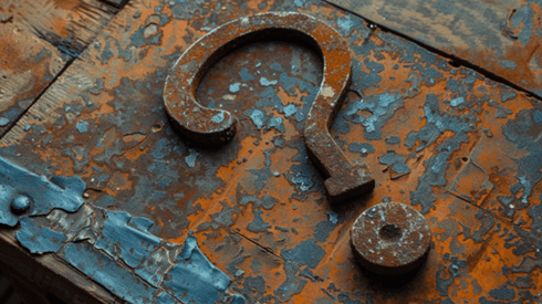 Rusted metal question mark laying on an old wooden table
