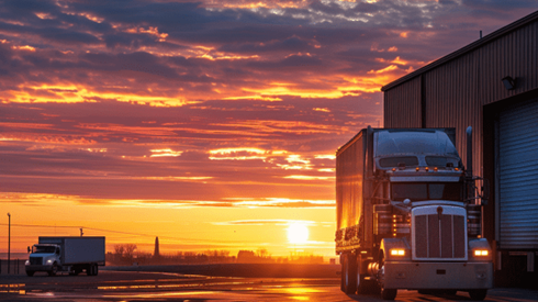 Semi-trailer truck outside of warehouse at sunrise