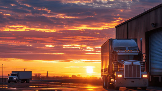 Semi-trailer truck outside of warehouse at sunrise