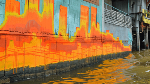 Side of flooded building with declining orange bar graph painted on it