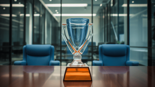 A trophy sitting on a table in an empty board room