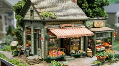 A dollhouse grocery storefront