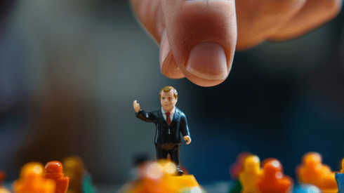 A hand picking up a plastic toy businessman