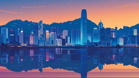 Illustrated skyline of Hong Kong at night