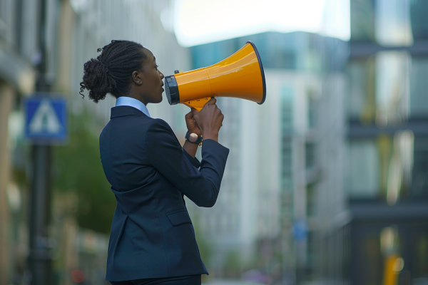 Businesswoman using a megaphone while standing outside