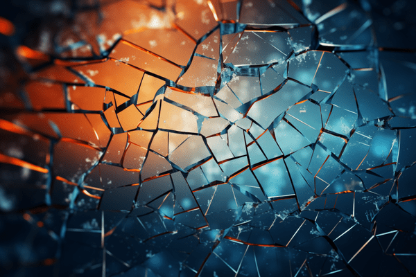 Pieces of Shattered Glass Form a Mosaic Against Points of Light in a Blue and Orange Background