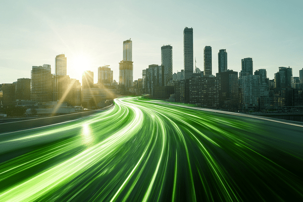 An abstract flow of green light curving toward a downtown city