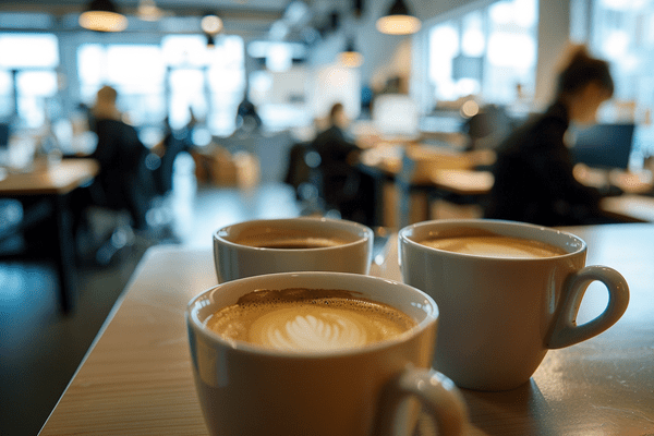 Three cups of coffee sit on a desk in a busy office