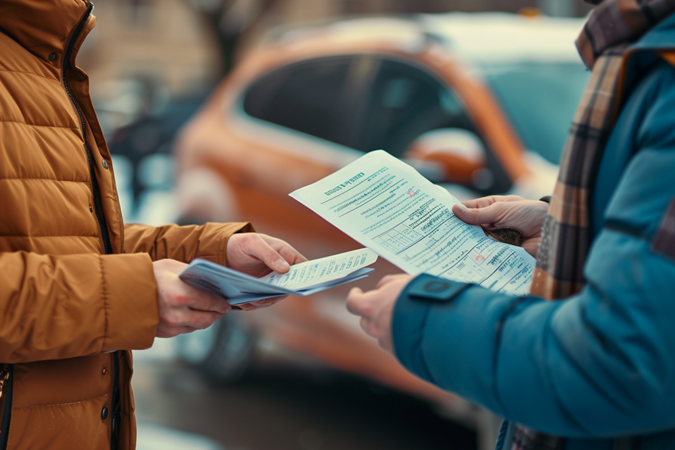 Two people exchanging insurance paperwork with a minor car accident in the background