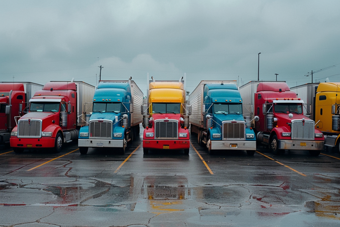 A multi-colored fleet of trucks lined up in a parking lot