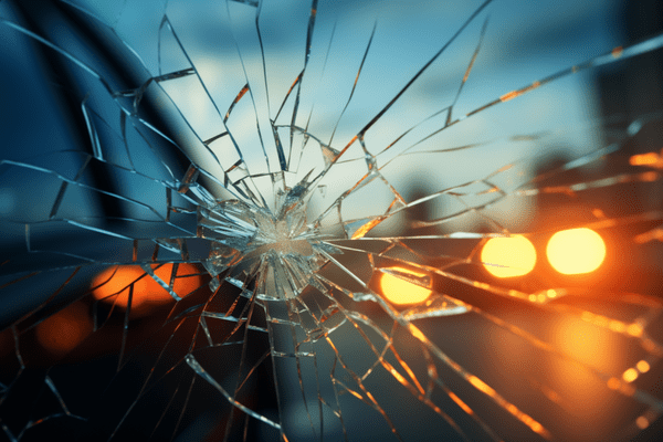 Illustration of View through Shattered Automobile Windshield of Muted Side of Car and Headlights and Skycrapers in Distance