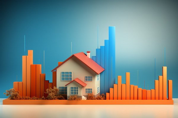 Illustration of a House Surrounded by Orange and Blue Bar Graphs