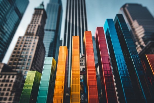 A brightly colored bar graph standing tall in front of several skyscrapers.