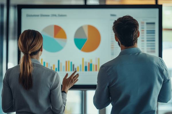 Two business professionals talk while reviewing pie charts and bar graphs on an office projector screen