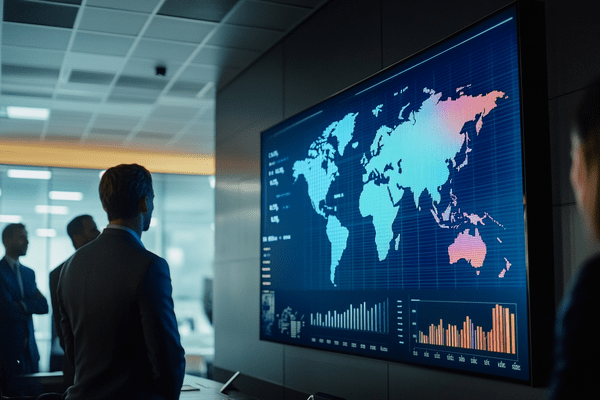 A projector screen in an office showing a world map and increasing graphs