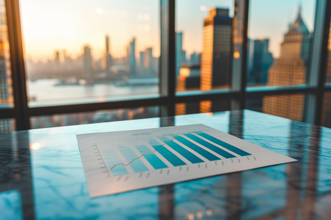 And increasing bar graph sits on a boardroom table in front of a window that shows the city and water outside