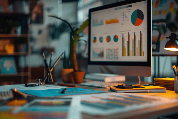 Multiple charts and graphs showing on a computer screen in a home office