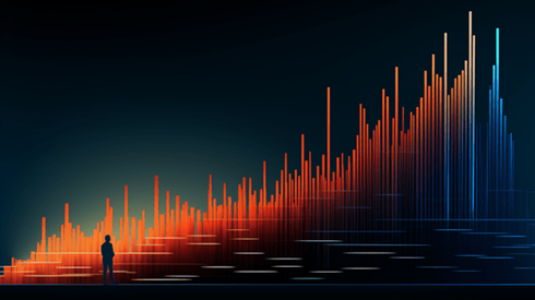 Silhouette of a Standing Person Facing an Increasingly Upward Trend Represented in a Giant Bar Graph