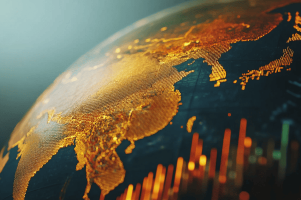 A closeup of Asia-Pacific on a digital globe with an upward trending bar graph in the lower right corner