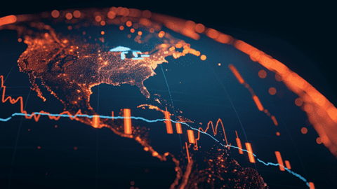 Downward trending line graph over a digital representation of a globe