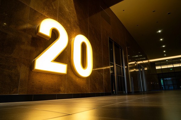 A large number "20" illuminated in golden light on the wall of an office building hallway.