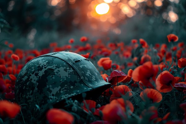 A camouflage army helmet resting in a field of poppies at sunset.