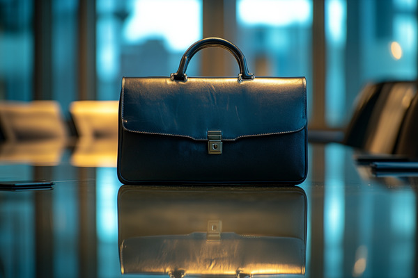 A black leather briefcase resting on a conference table.