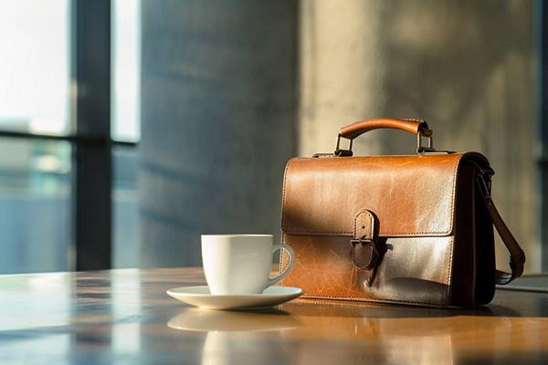 A leather briefcase resting on a table next to a white coffee mug.