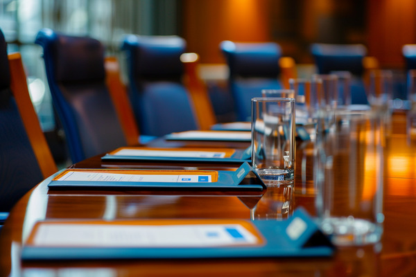 Conference table with clipboards and an empty glass in front of each blue chair