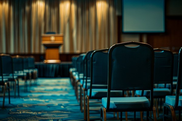 An empty conference session room with neatly arranged chairs facing a podium on a stage.