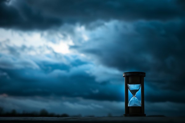 An hourglass with storm clouds in the background.