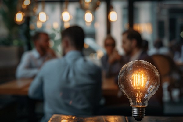 An illuminated light bulb resting on a wooden table in the foreground, with a blurred background of businesspeople in a conversation.