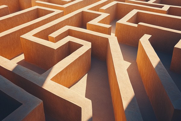 A complex maze with tall walls, viewed from above.