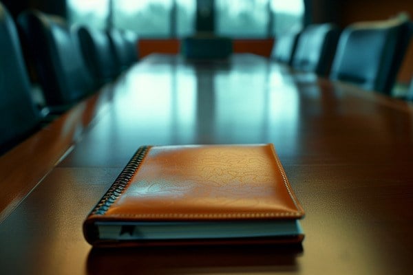 A leather notepad resting on a long conference table.