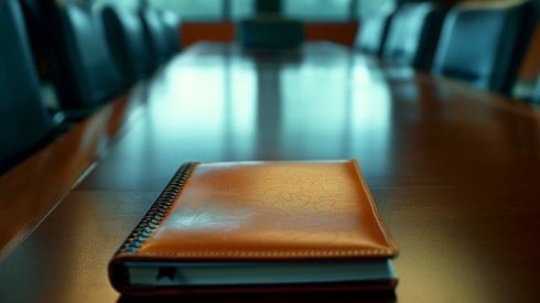 A leather notepad resting on a long conference table.