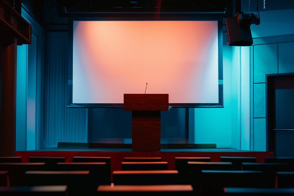 An empty conference room with a podium and a blank projector screen behind it.