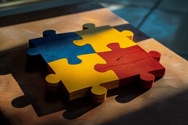 Four brightly colored puzzle pieces fitting neatly together.