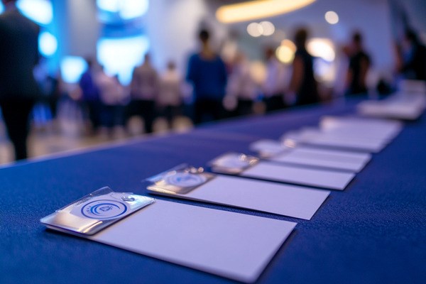 A conference registration desk with a row of nametags and notebooks, with conference attendees conversing in the background.