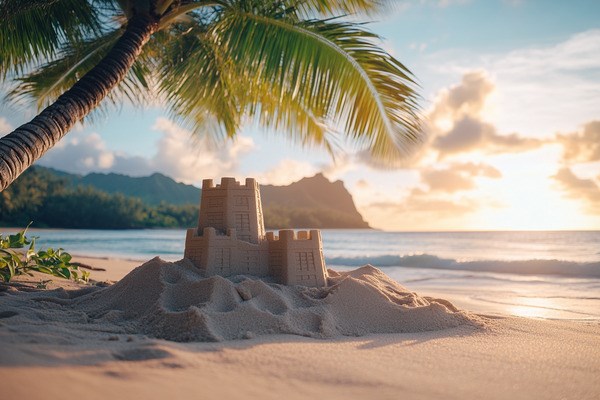 A sandcastle in the shape of an office building on a tropical beach at sunset.