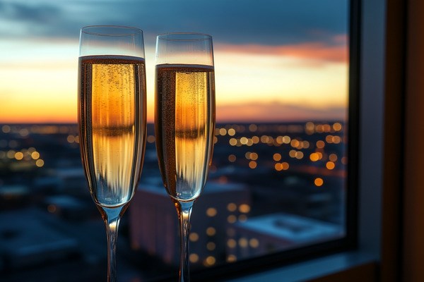 Two champagne glasses with a backdrop of a city skyline at dusk.