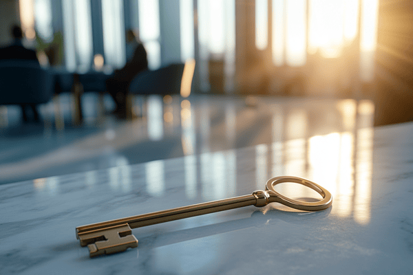 A brass key sits on a marble table while the sun shines into the office