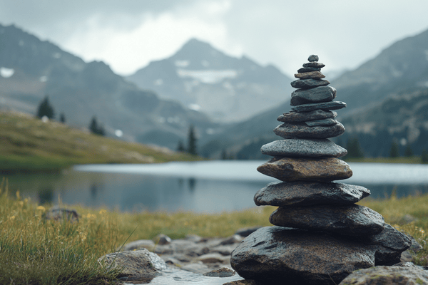 Many rocks stacked to make a cairn beside an alpine lake