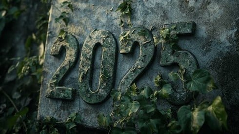The number 2025 on a concrete wall with ivy growing around it