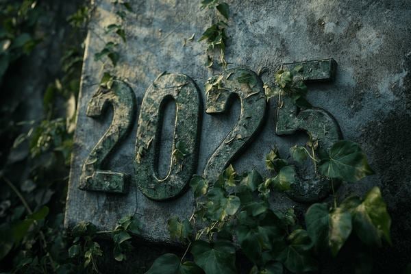 The number 2025 on a concrete wall with ivy growing around it