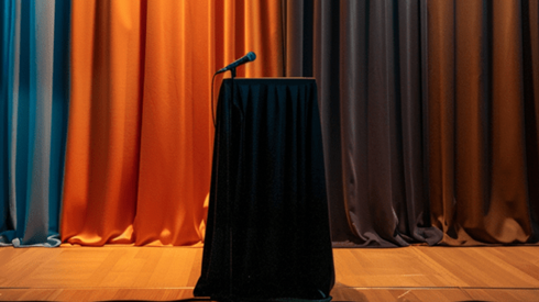 Speaker podium with a microphone on a stage